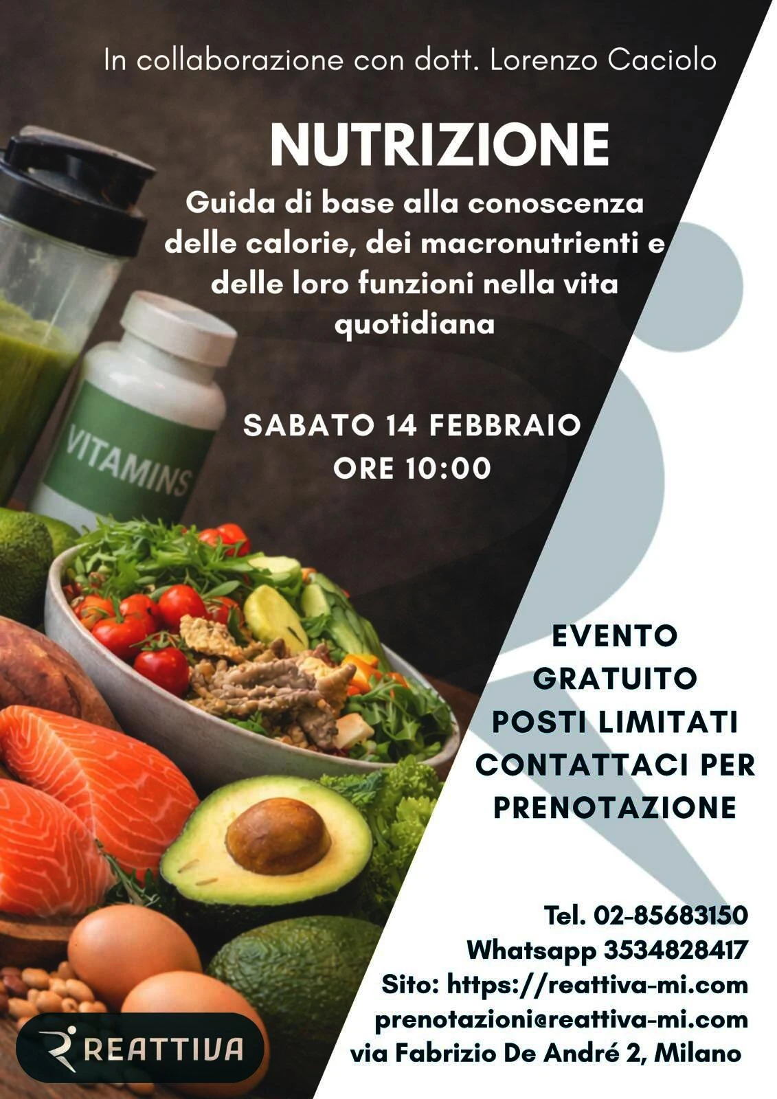 Locandina incontro con nutrizionista Reattiva a Milano zona via Missaglia il 14 febbraio 2026