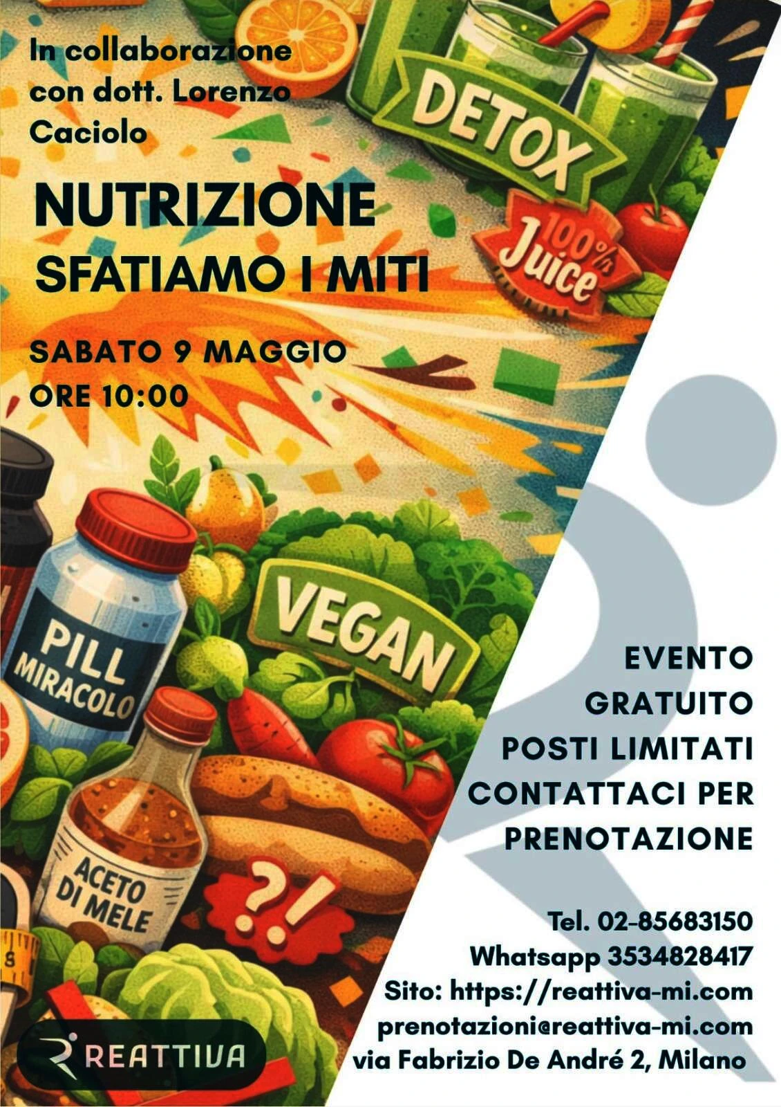 Locandina incontro con nutrizionista Reattiva a Milano zona via Missaglia il 9 maggio 2026